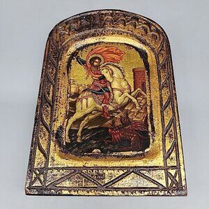 Antique Orthodox Icon Saint George And The Dragon Handmade Painting On Wood COA
